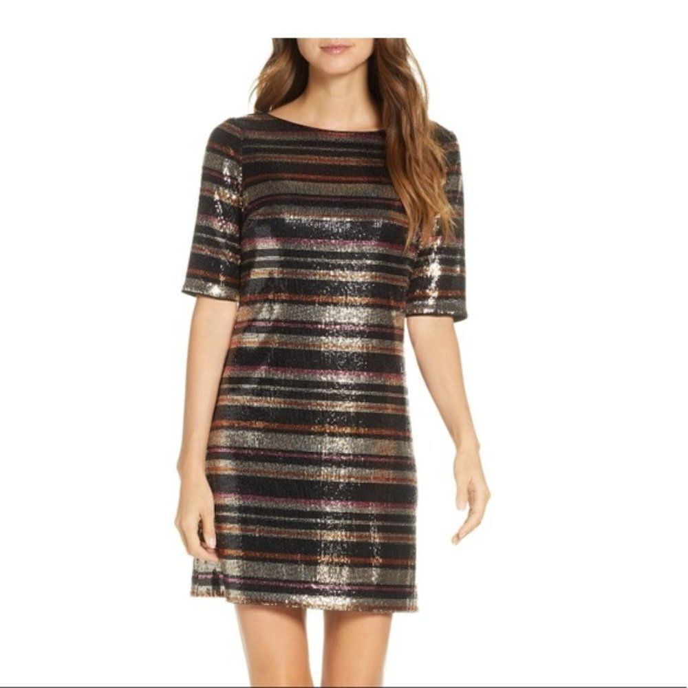 Nordstrom 1901: Sequin Striped Shift Dress size Petite Medium -
